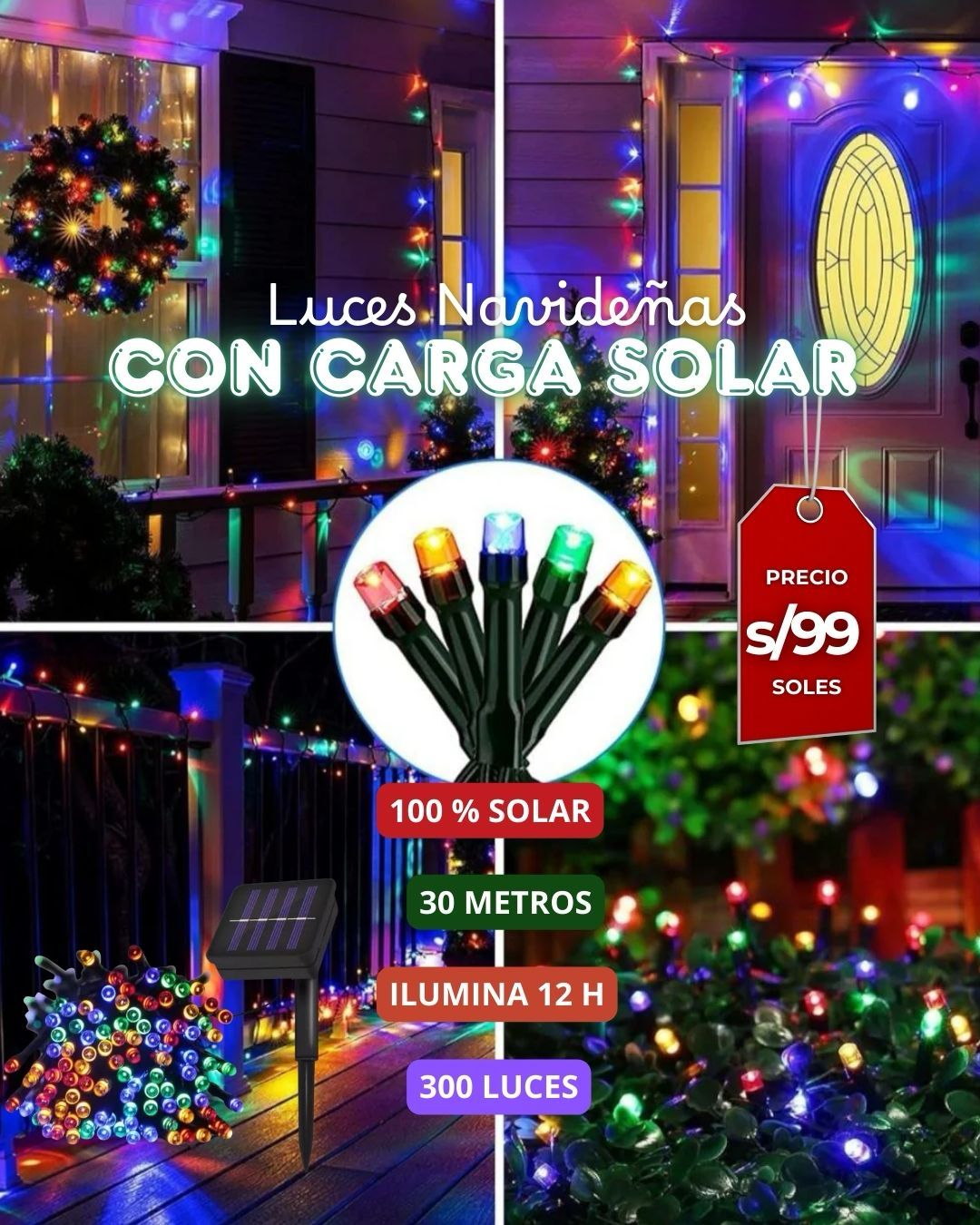 SolarFest - Luces Navideñas con Panel Solar 30m